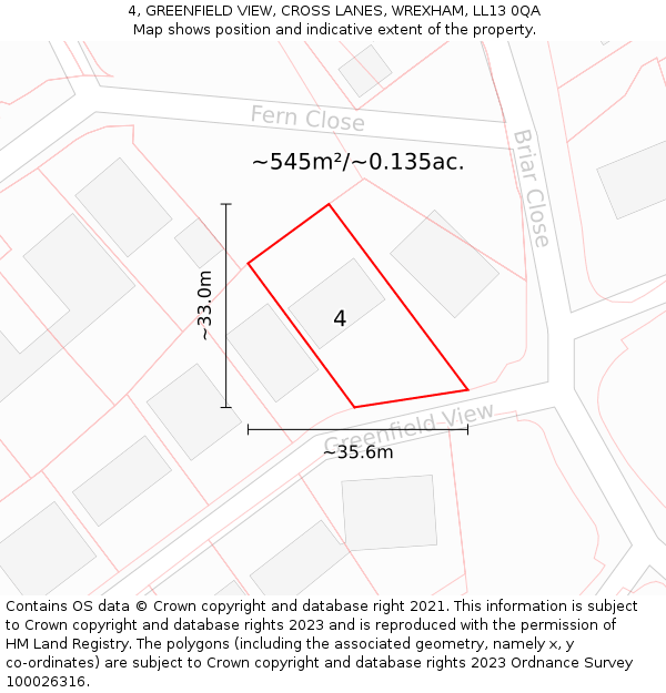 4, GREENFIELD VIEW, CROSS LANES, WREXHAM, LL13 0QA: Plot and title map