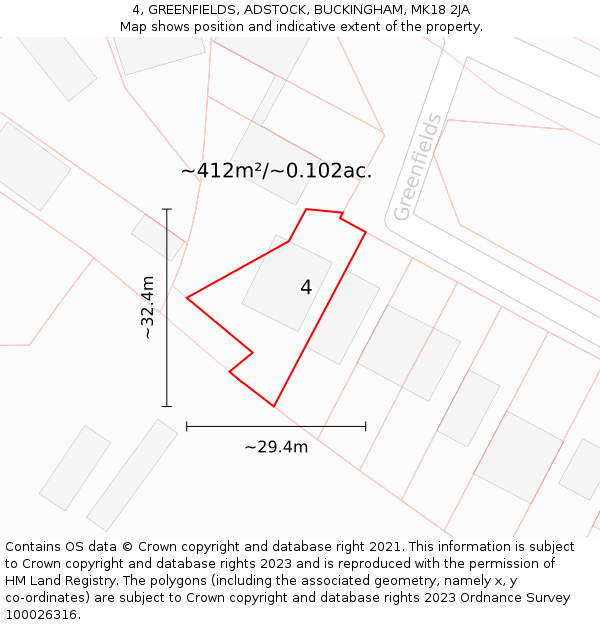 4, GREENFIELDS, ADSTOCK, BUCKINGHAM, MK18 2JA: Plot and title map