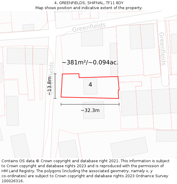 4, GREENFIELDS, SHIFNAL, TF11 8DY: Plot and title map
