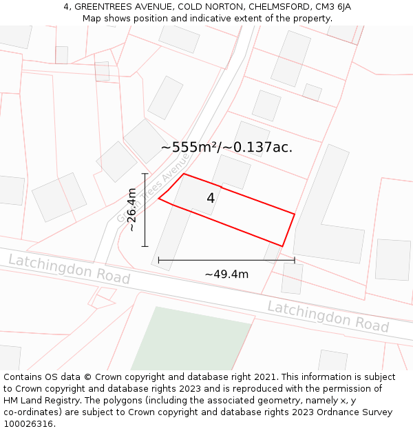 4, GREENTREES AVENUE, COLD NORTON, CHELMSFORD, CM3 6JA: Plot and title map