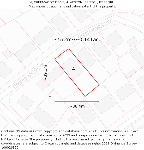 4, GREENWOOD DRIVE, ALVESTON, BRISTOL, BS35 3RH: Plot and title map