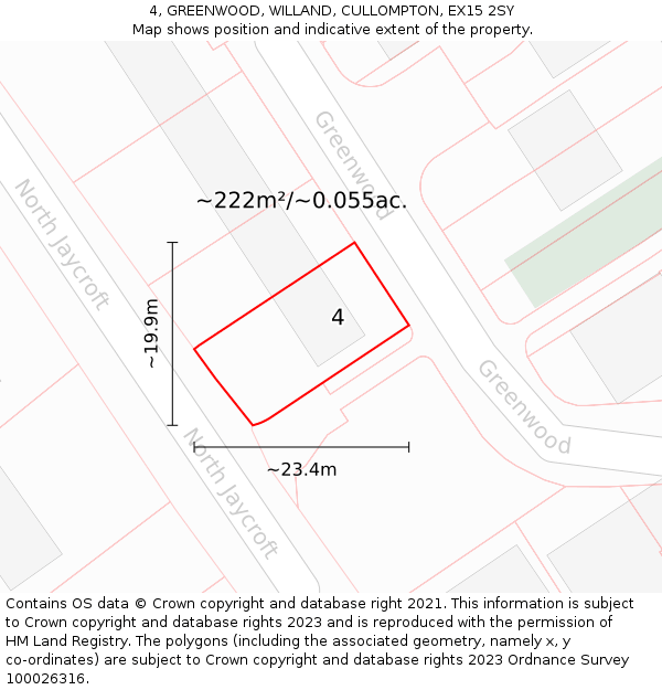 4, GREENWOOD, WILLAND, CULLOMPTON, EX15 2SY: Plot and title map