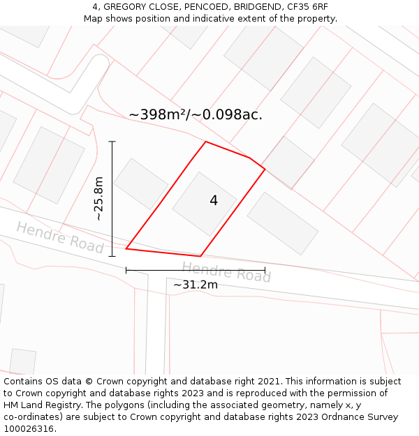 4, GREGORY CLOSE, PENCOED, BRIDGEND, CF35 6RF: Plot and title map