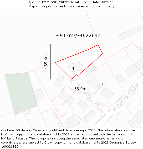 4, GRESLEY CLOSE, GRESSENHALL, DEREHAM, NR20 4EL: Plot and title map