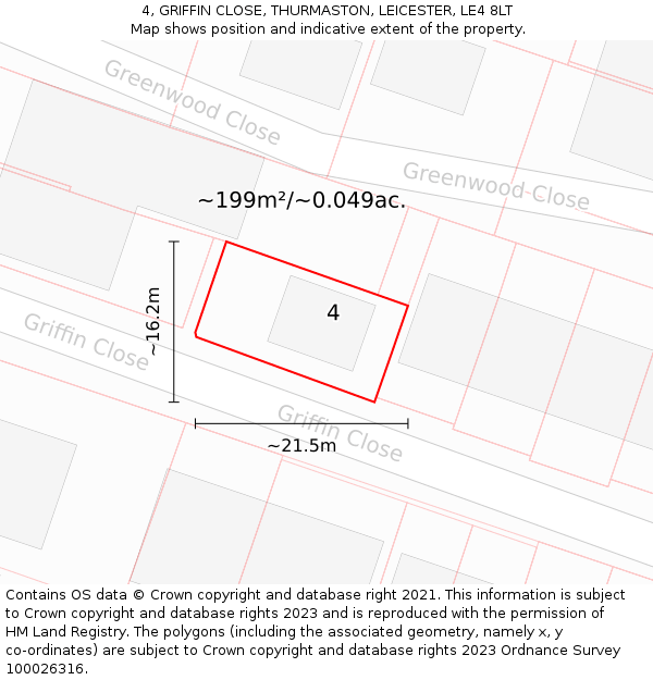4, GRIFFIN CLOSE, THURMASTON, LEICESTER, LE4 8LT: Plot and title map