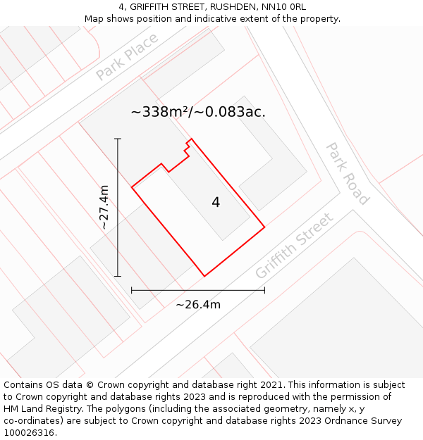 4, GRIFFITH STREET, RUSHDEN, NN10 0RL: Plot and title map