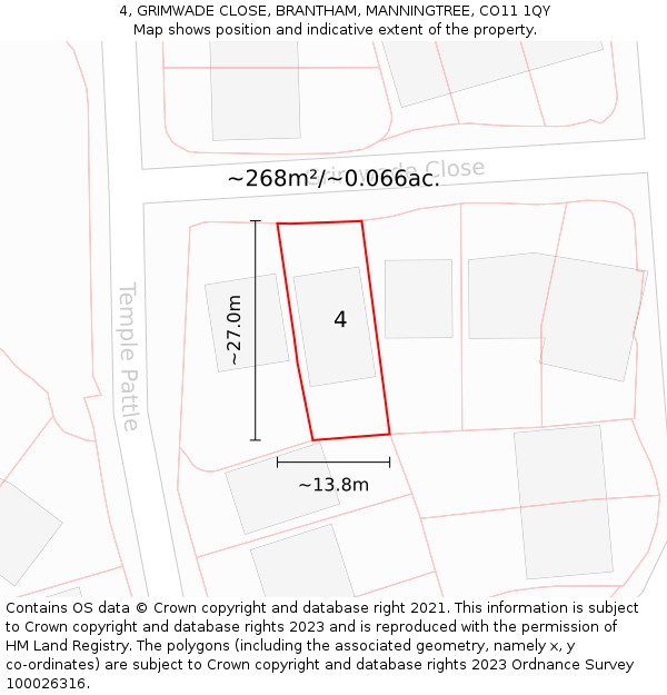 4, GRIMWADE CLOSE, BRANTHAM, MANNINGTREE, CO11 1QY: Plot and title map