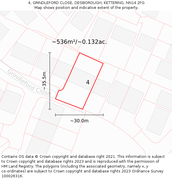 4, GRINDLEFORD CLOSE, DESBOROUGH, KETTERING, NN14 2FG: Plot and title map