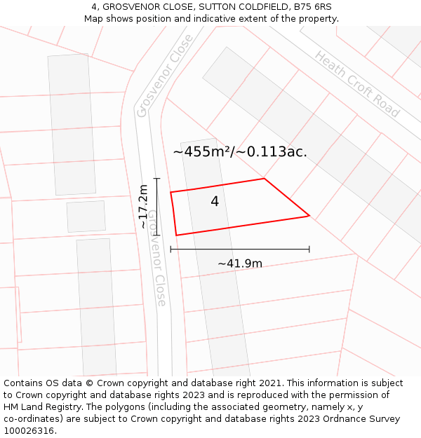 4, GROSVENOR CLOSE, SUTTON COLDFIELD, B75 6RS: Plot and title map