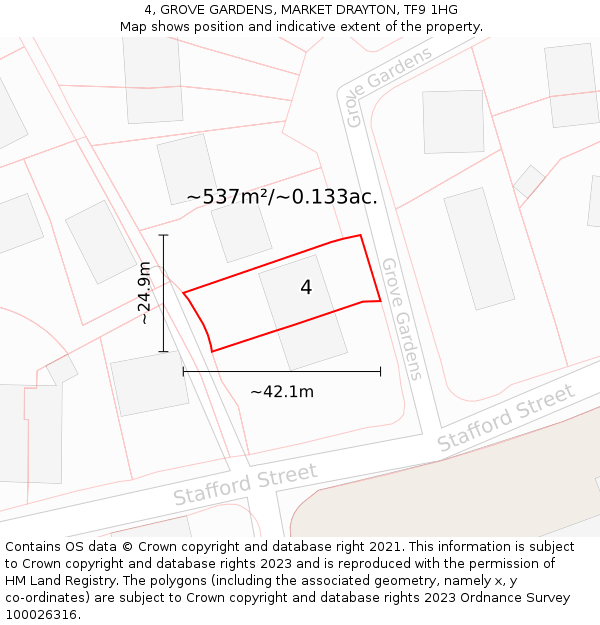 4, GROVE GARDENS, MARKET DRAYTON, TF9 1HG: Plot and title map