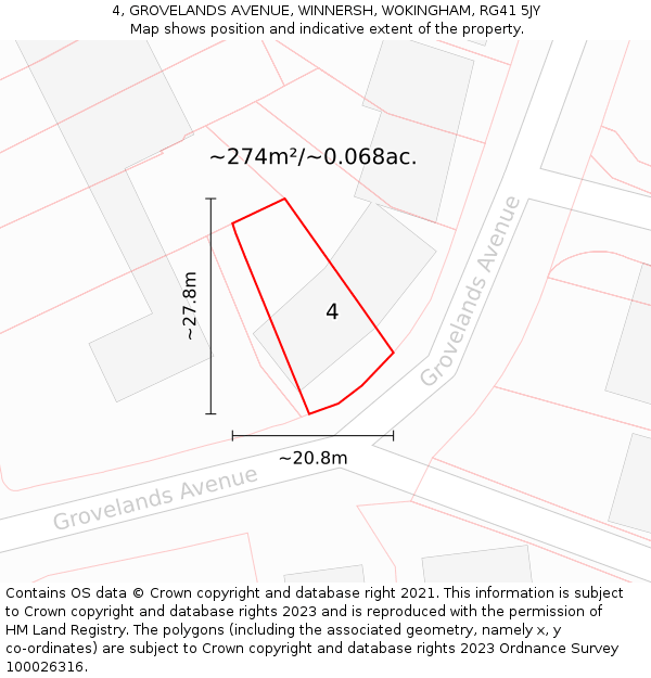 4, GROVELANDS AVENUE, WINNERSH, WOKINGHAM, RG41 5JY: Plot and title map
