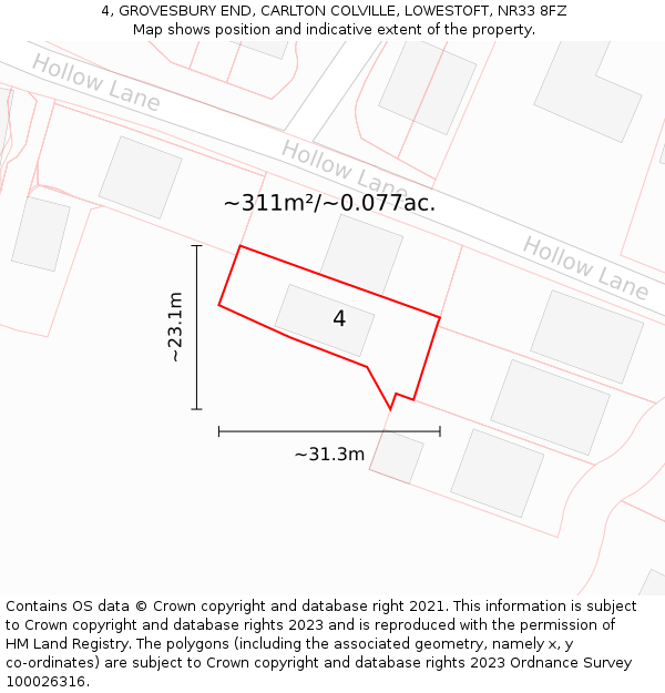 4, GROVESBURY END, CARLTON COLVILLE, LOWESTOFT, NR33 8FZ: Plot and title map
