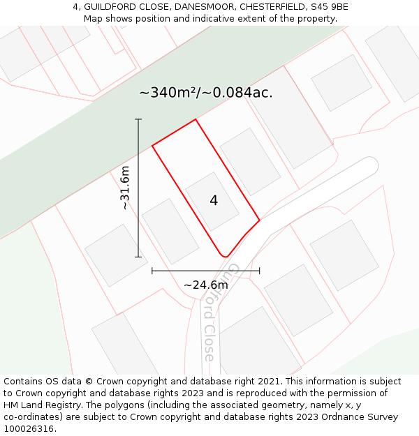4, GUILDFORD CLOSE, DANESMOOR, CHESTERFIELD, S45 9BE: Plot and title map