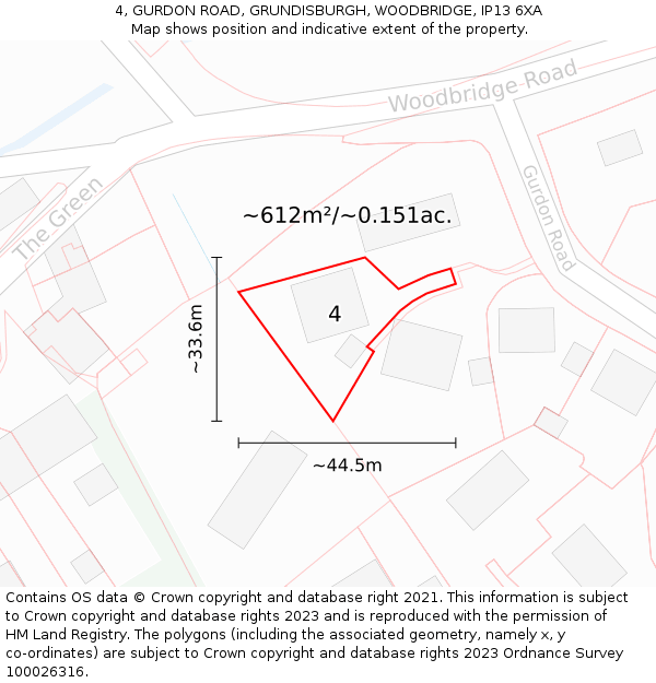 4, GURDON ROAD, GRUNDISBURGH, WOODBRIDGE, IP13 6XA: Plot and title map