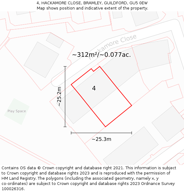 4, HACKAMORE CLOSE, BRAMLEY, GUILDFORD, GU5 0EW: Plot and title map