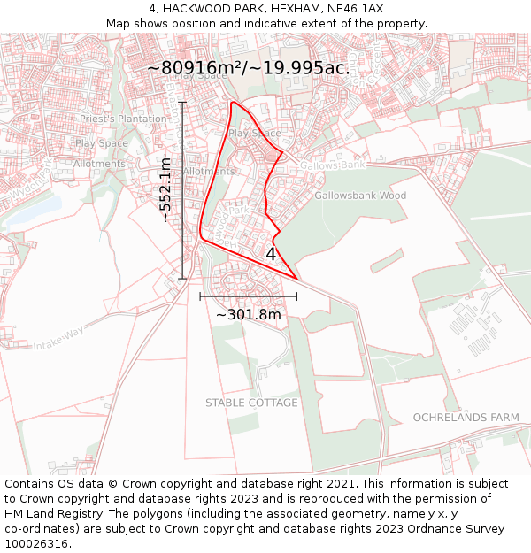 4, HACKWOOD PARK, HEXHAM, NE46 1AX: Plot and title map