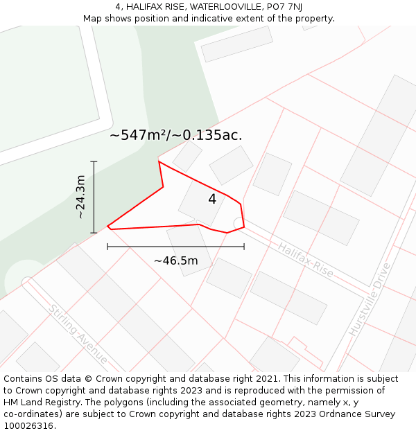 4, HALIFAX RISE, WATERLOOVILLE, PO7 7NJ: Plot and title map