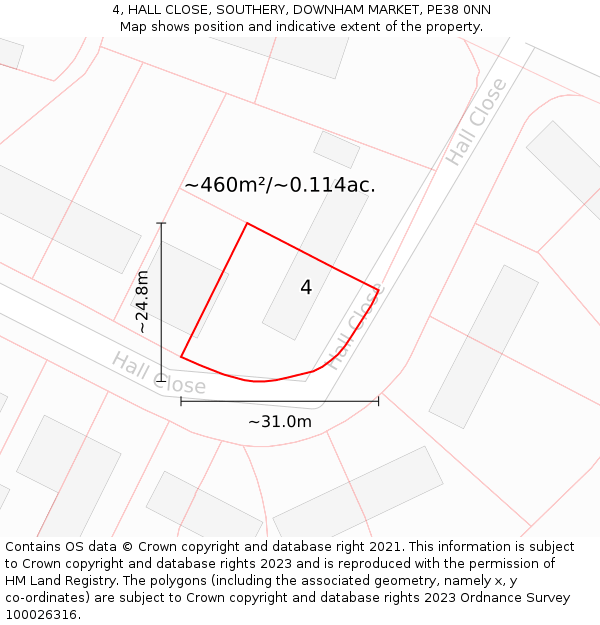4, HALL CLOSE, SOUTHERY, DOWNHAM MARKET, PE38 0NN: Plot and title map