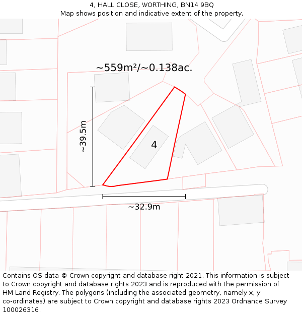 4, HALL CLOSE, WORTHING, BN14 9BQ: Plot and title map