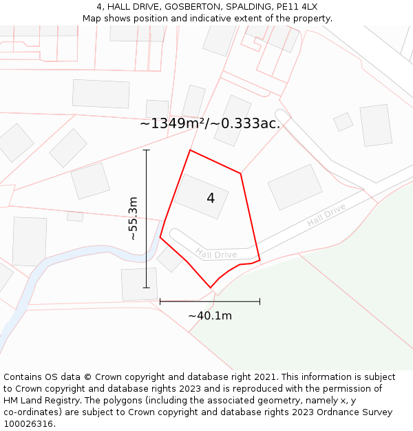 4, HALL DRIVE, GOSBERTON, SPALDING, PE11 4LX: Plot and title map