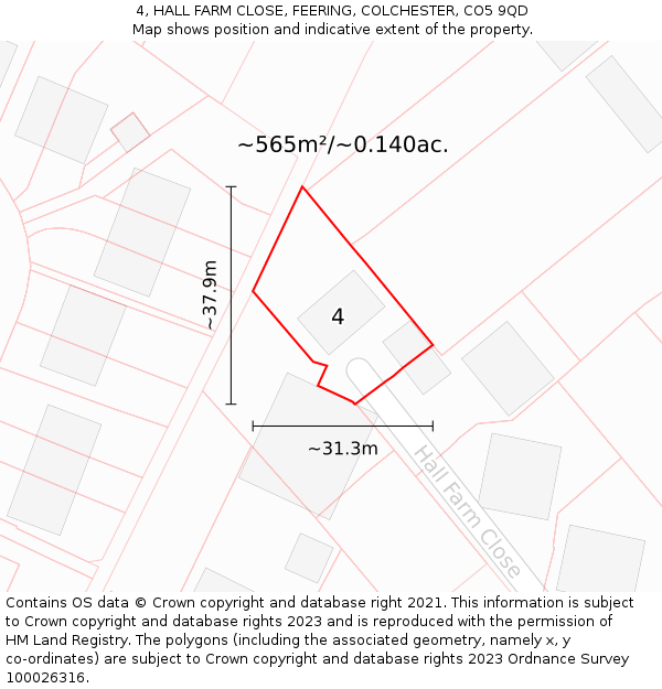 4, HALL FARM CLOSE, FEERING, COLCHESTER, CO5 9QD: Plot and title map