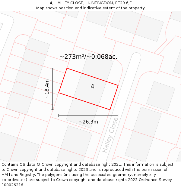 4, HALLEY CLOSE, HUNTINGDON, PE29 6JE: Plot and title map