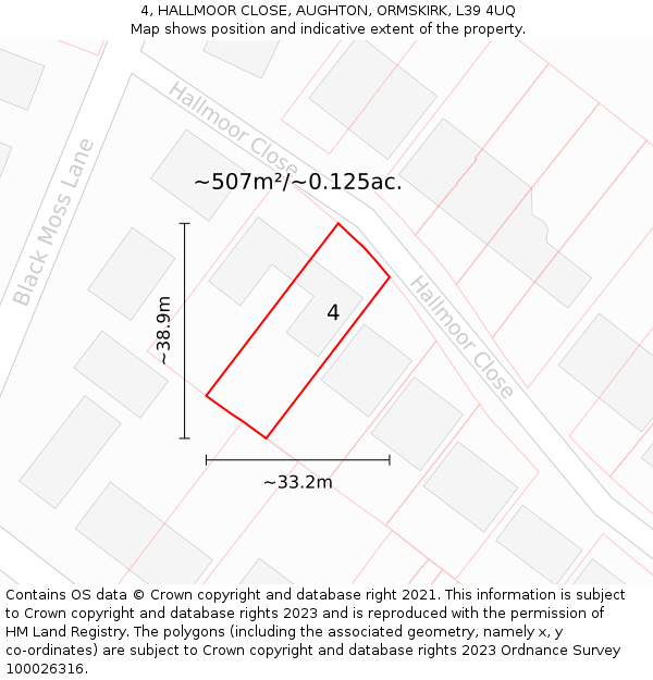 4, HALLMOOR CLOSE, AUGHTON, ORMSKIRK, L39 4UQ: Plot and title map