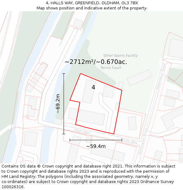 4, HALLS WAY, GREENFIELD, OLDHAM, OL3 7BX: Plot and title map