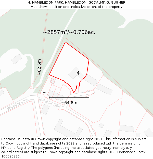 4, HAMBLEDON PARK, HAMBLEDON, GODALMING, GU8 4ER: Plot and title map