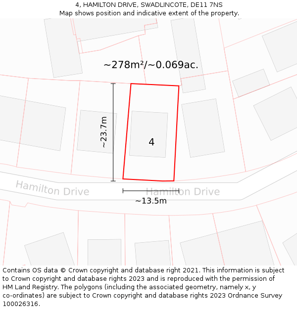 4, HAMILTON DRIVE, SWADLINCOTE, DE11 7NS: Plot and title map