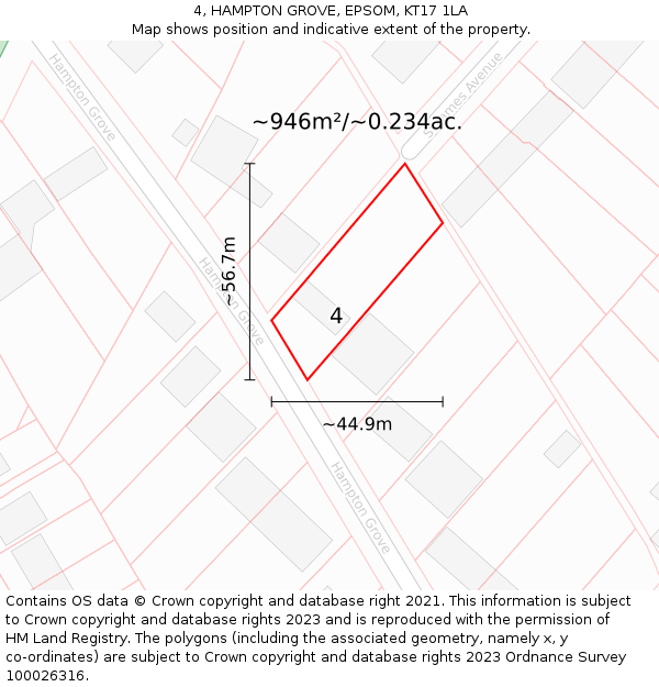 4, HAMPTON GROVE, EPSOM, KT17 1LA: Plot and title map