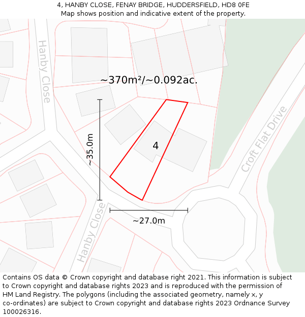 4, HANBY CLOSE, FENAY BRIDGE, HUDDERSFIELD, HD8 0FE: Plot and title map