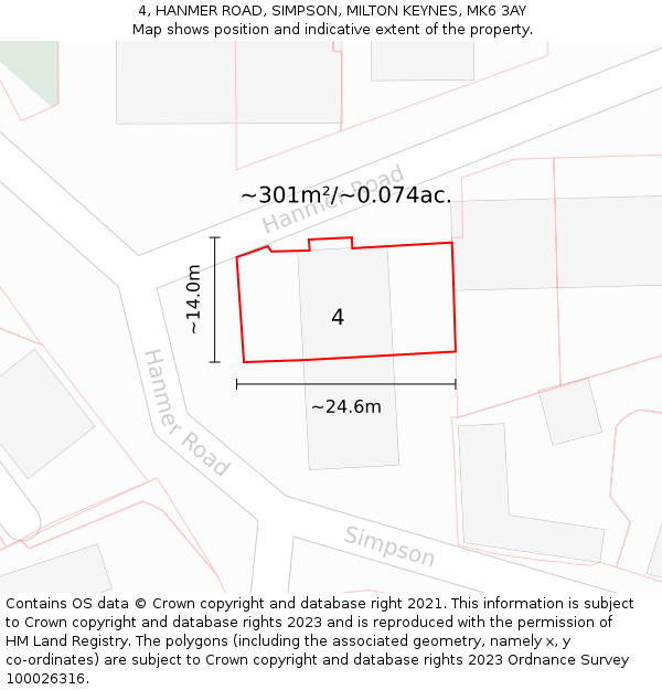 4, HANMER ROAD, SIMPSON, MILTON KEYNES, MK6 3AY: Plot and title map