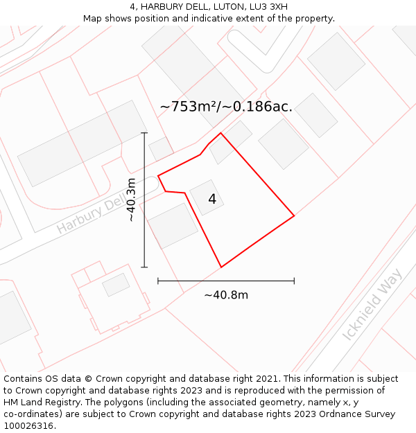 4, HARBURY DELL, LUTON, LU3 3XH: Plot and title map