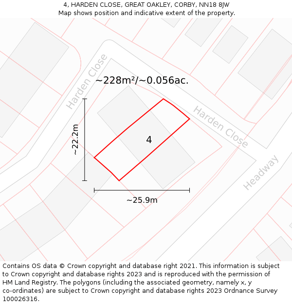 4, HARDEN CLOSE, GREAT OAKLEY, CORBY, NN18 8JW: Plot and title map