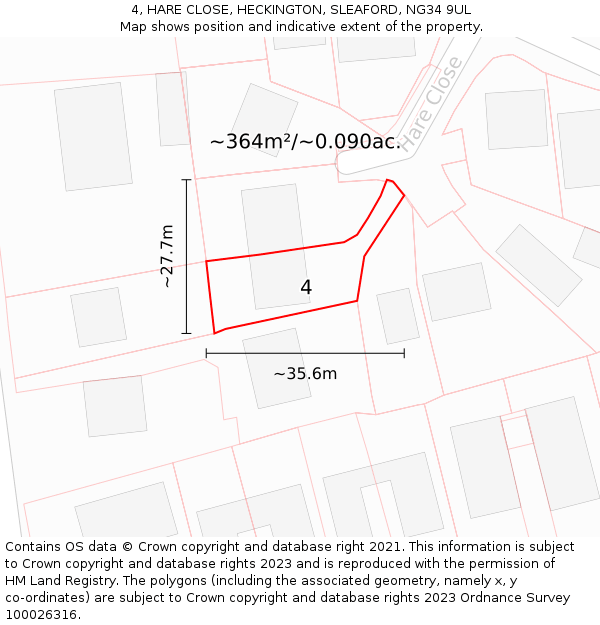 4, HARE CLOSE, HECKINGTON, SLEAFORD, NG34 9UL: Plot and title map