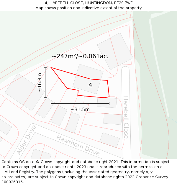 4, HAREBELL CLOSE, HUNTINGDON, PE29 7WE: Plot and title map