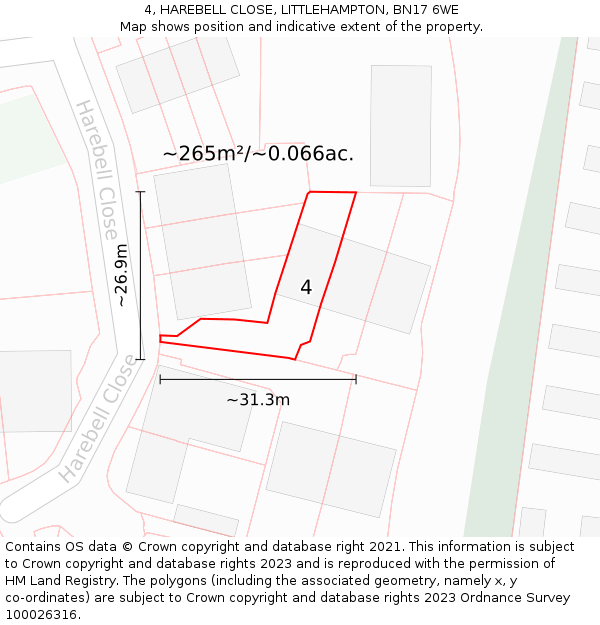 4, HAREBELL CLOSE, LITTLEHAMPTON, BN17 6WE: Plot and title map
