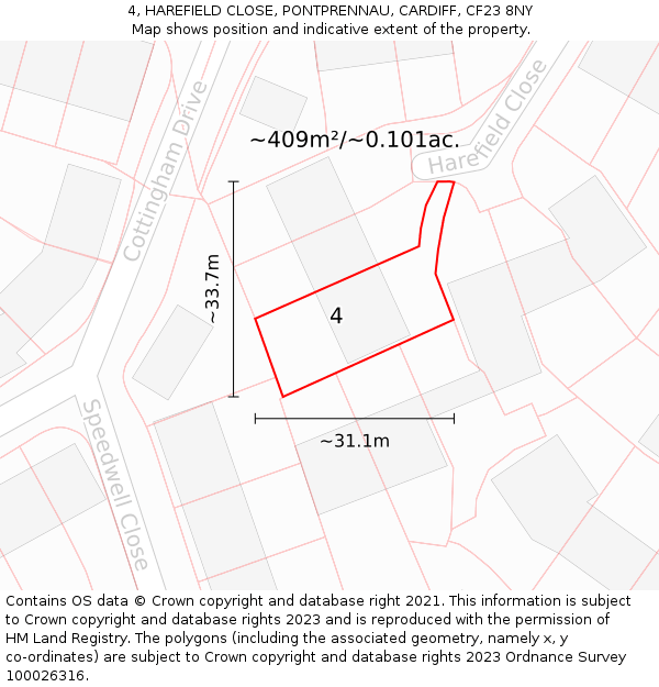 4, HAREFIELD CLOSE, PONTPRENNAU, CARDIFF, CF23 8NY: Plot and title map