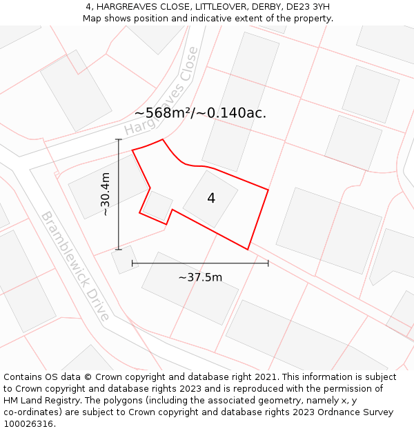 4, HARGREAVES CLOSE, LITTLEOVER, DERBY, DE23 3YH: Plot and title map