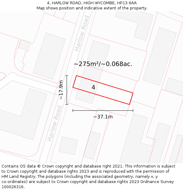 4, HARLOW ROAD, HIGH WYCOMBE, HP13 6AA: Plot and title map