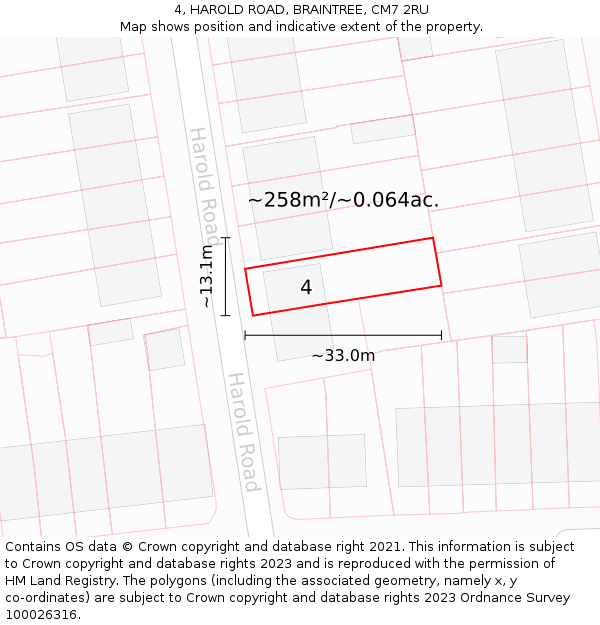 4, HAROLD ROAD, BRAINTREE, CM7 2RU: Plot and title map