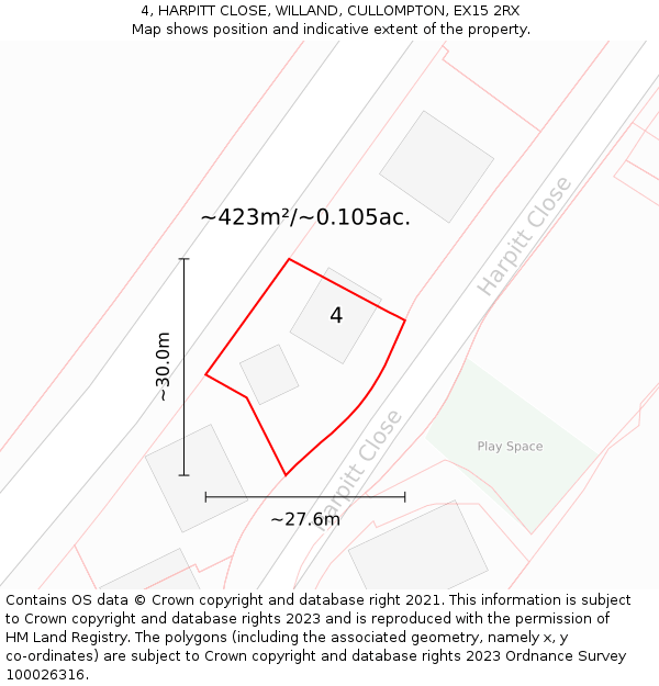 4, HARPITT CLOSE, WILLAND, CULLOMPTON, EX15 2RX: Plot and title map