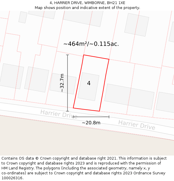 4, HARRIER DRIVE, WIMBORNE, BH21 1XE: Plot and title map
