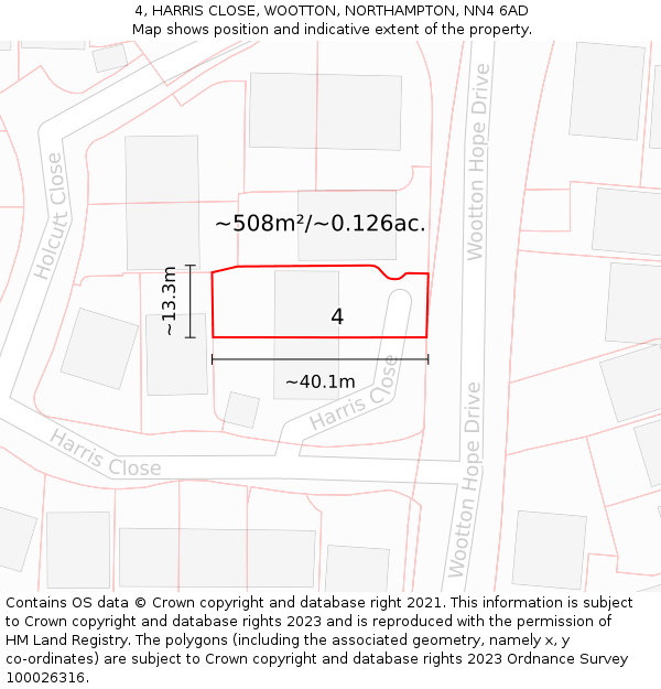 4, HARRIS CLOSE, WOOTTON, NORTHAMPTON, NN4 6AD: Plot and title map