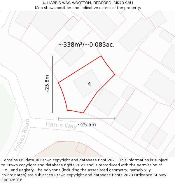 4, HARRIS WAY, WOOTTON, BEDFORD, MK43 9AU: Plot and title map