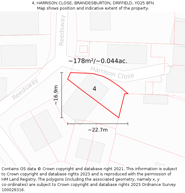 4, HARRISON CLOSE, BRANDESBURTON, DRIFFIELD, YO25 8FN: Plot and title map