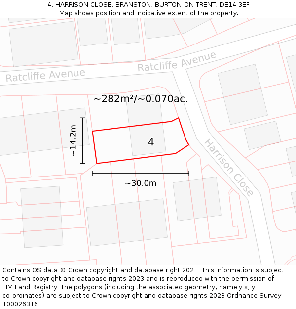 4, HARRISON CLOSE, BRANSTON, BURTON-ON-TRENT, DE14 3EF: Plot and title map