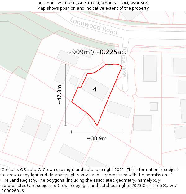 4, HARROW CLOSE, APPLETON, WARRINGTON, WA4 5LX: Plot and title map