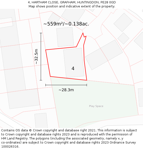 4, HARTHAM CLOSE, GRAFHAM, HUNTINGDON, PE28 0GD: Plot and title map